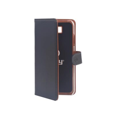WALLY – Custodia a libro in pelle sintetica con chiusura flap magnetico, slot per carte e funzione stand colore nero compatibile con Samsung Galaxy J4+