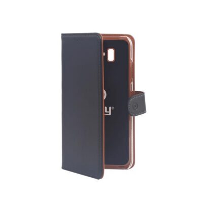 WALLY – Custodia a libro in pelle sintetica con chiusura flap magnetico, slot per carte e funzione stand colore nero compatibile con Samsung Galaxy J6+