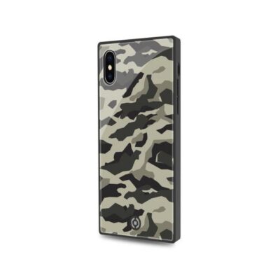 DIAMOND SQUARE – Cover rigida con retro in vetro temperato anti graffio e bordi in TPU con effetto squadrato colore camouflage nero compatibile con Apple iPhone Xs/ iPhone X