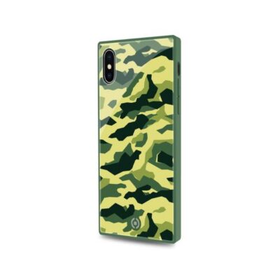 DIAMOND SQUARE – Cover rigida con retro in vetro temperato anti graffio e bordi in TPU con effetto squadrato colore camouflage verde compatibile con Apple iPhone Xs/ iPhone X