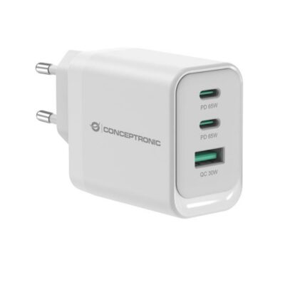CARICATORE PD USB 3-PORTE 65W GaN, 2x USB-C, 1x USB-A, QC 3.0, PPS, PD 3.0