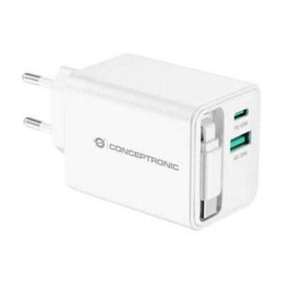 CARICATORE USB PD GaN 65W a 2 porte con cavo USB-C retrattile, 1x USB-C, 1x USB-A, QC 3.0, PPS, PD 3.0