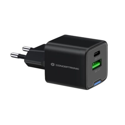 CARICATORE PD USB 2-PORTE 20W GaN (1x USB-C, 1x USB-A, QC 3.0, PPS) – NERO
