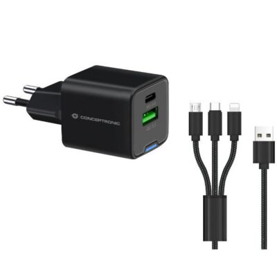 CARICATORE PD USB GaN 2-PORTE da 33W con cavo di ricarica 3 in 1, (1x USB-C, 1x USB-A, QC 3.0, PPS) – NERO