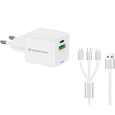 CARICATORE PD USB GaN 2-PORTE da 33W con cavo di ricarica 3 in 1, (1x USB-C, 1x USB-A, QC 3.0, PPS) – BIANCO