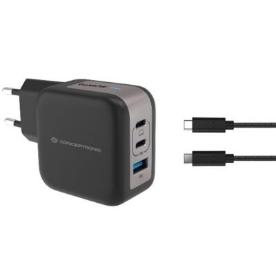CARICATORE PD USB GaN 3-PORTE da 67 W con cavo di ricarica USB-C, (2x USB-C, 1x USB-A, QC 3.0, PPS) – NERO