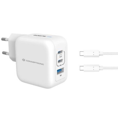 CARICATORE PD USB GaN 3-PORTE da 67 W con cavo di ricarica USB-C, (2x USB-C, 1x USB-A, QC 3.0, PPS) – BIANCO