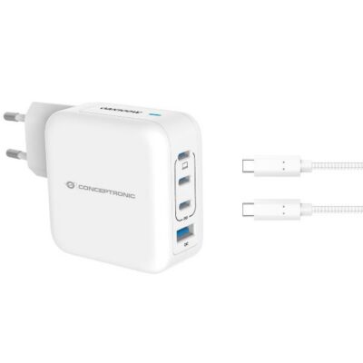 CARICATORE PD USB 4-PORTE 100W GaN con cavo di ricarica USB-C, (3x USB-C, 1x USB-A, QC 3.0, PPS) – BIANCO