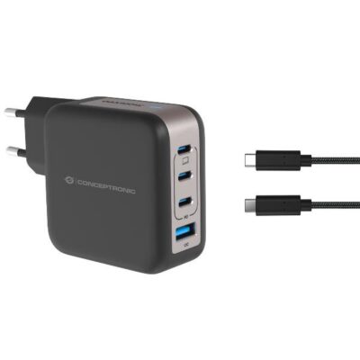CARICATORE PD USB 4-PORTE 100W GaN con cavo di ricarica USB-C, (3x USB-C, 1x USB-A, QC 3.0, PPS) – NERO