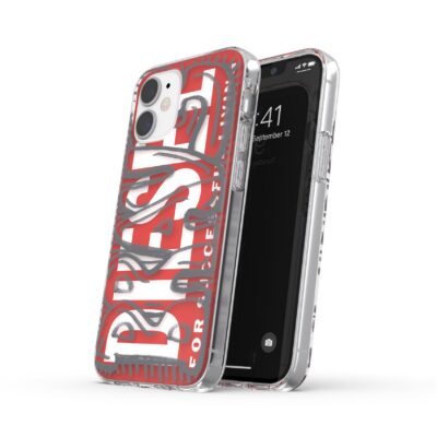 DIESEL – Cover semi-trasparente con scritta DIESEL colore rosso compatibile con Apple iPhone 12 Mini