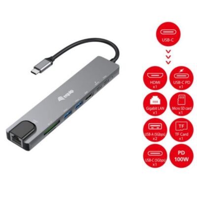 EQUIP – ADATTATORE MULTIFUNZIONE USB-C 8 in 1, HDMI 4K/30Hz, LAN Gigabit, 2x USB-A, 1x USB-C, SD/TF, 100W USB PD