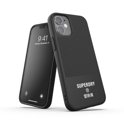 SUPERDRY – Cover in TPU+Policarbonato flessibile anti-urto con intarsiatura in tela colore nero compatibile con Apple iPhone 12 Mini