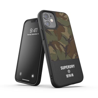 SUPERDRY – Cover in TPU+Policarbonato flessibile anti-urto con intarsiatura in tela colore mimetico verde compatibile con Apple iPhone 12 Mini