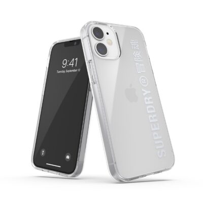 SUPERDRY – Cover trasparente con logo Superdry colore argento bordi rialzati compatibile con Apple iPhone 12 Mini