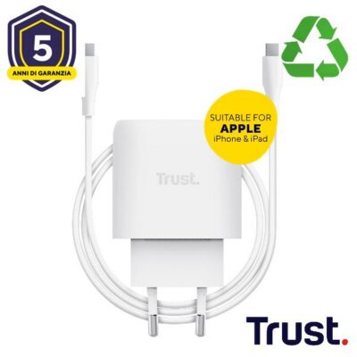 ALIMENTATORE 45W USB-C PER APPLE – PLASTICA RICICLATA 50% – TRUST MAXO F/APPLE BIANCO
