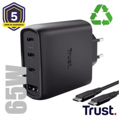 ALIMENTATORE/CARICABATTERIA 65W 4 PORTE (3 USB-C, 1 USB-A) GAN – CAVO RICARICA 2M INCLUSO – PLASTICA RICICLATA 50% – TRUST MAXO – NERO