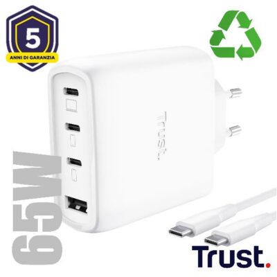 ALIMENTATORE/CARICABATTERIA 65W 4 PORTE (3 USB-C, 1 USB-A) GAN – CAVO RICARICA 2M INCLUSO – PLASTICA RICICLATA 50% – TRUST MAXO – BIANCO
