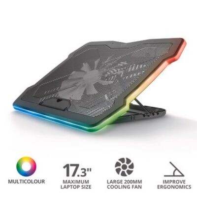 SUPPORTO/RIALZO RGB CON VENTOLA GIGANTE DI RAFFREDDAMENTO PER LAPTOP FINO 17.3″ – TRUST GXT1126 AURA – NERO