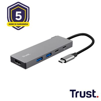 ADATTATORE DOCKING STATION MULTIPORT 5 IN 1, 1 HDMI 4K(60HZ), 1 USB-C PD, 1 USB-C, 2 USB-A 3.2 – TRUST DALYX 5-IN-1 – ALLUMINIO
