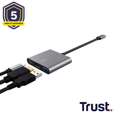 ADATTATORE DOCKING STATION MULTIPORT, 1 HDMI 4K, 1 USB-C PD, 1 USB-A 3.2 – TRUST DALYX 3-IN-1 – ALLUMINIO