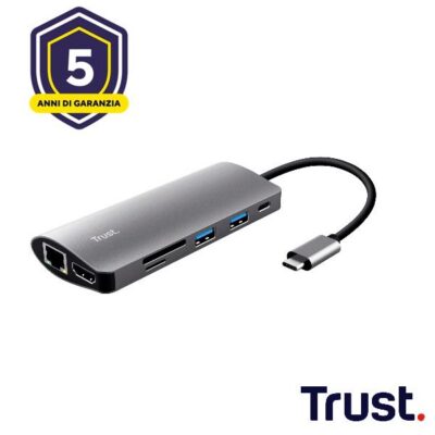 ADATTATORE DOCKING STATION MULTIPORT 7 IN 1, 1 HDMI 4K, 1 LAN, 2 USB-A 3.X, 1 MICRO SD READER, 1 SD READER, 1 USB-C PD – TRUST DALYX 7-IN-1 – ALLUMINIO