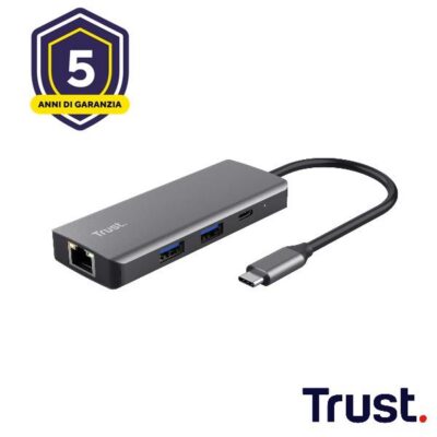 ADATTATORE DOCKING STATION MULTIPORT 6 IN 1, 1 HDMI 4K(60HZ), 1 LAN, 1 USB-C PD, 1 USB-C, 2 USB-A 3.0 – TRUST DALYX 6-IN-1 – ALLUMINIO