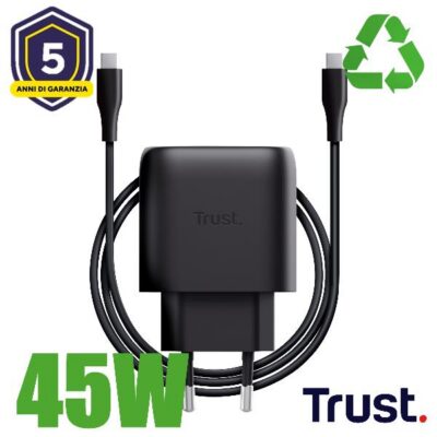 ALIMENTATORE/CARICABATTERIA 45W USB-C GAN – CAVO RICARICA INCLUSO – PLASTICA RICICLATA 50% – TRUST MAXO – NERO