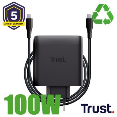 ALIMENTATORE/CARICABATTERIA 100W 2 PORTE USB-C GAN – PLASTICA RICICLATA 50% – TRUST MAXO – NERO