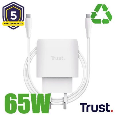 ALIMENTATORE/CARICABATTERIA 45W USB-C GAN – CAVO RICARICA INCLUSO – PLASTICA RICICLATA 50% – TRUST MAXO – BIANCO