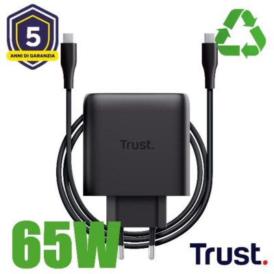 ALIMENTATORE/CARICABATTERIA 65W USB-C GAN – CAVO RICARICA INCLUSO – PLASTICA RICICLATA 50% – TRUST MAXO – NERO