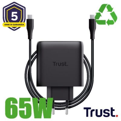 ALIMENTATORE/CARICABATTERIA 65W 2 PORTE USB-C GAN – PLASTICA RICICLATA 50% – TRUST MAXO – NERO