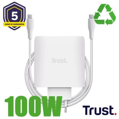 ALIMENTATORE/CARICABATTERIA 100W 2 PORTE USB-C GAN – PLASTICA RICICLATA 50% – TRUST MAXO – BIANCO