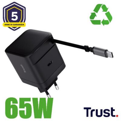 ALIMENTATORE/CARICABATTERIA 65W 1 PORTE USB-C + CAVO RETRATTILE USB-C – PLASTICA RICICLATA 50% – TRUST MAXO – NERO