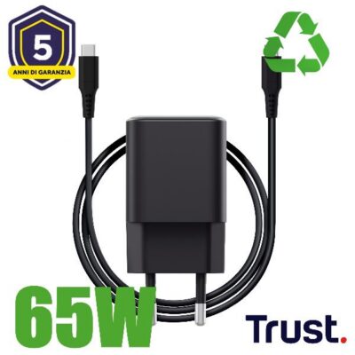 ALIMENTATORE/CARICABATTERIA 65W ULRTACOMPATTO USB-C GAN – CAVO RICARICA INCLUSO – PLASTICA RICICLATA 100% – TRUST MAXO – NERO