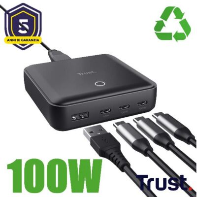 ALIMENTATORE/CARICABATTERIA DA TAVOLO CON 4 PORTE USB 100W (3 USB-C 1 USB-A) – TRUST MAXO – NERO