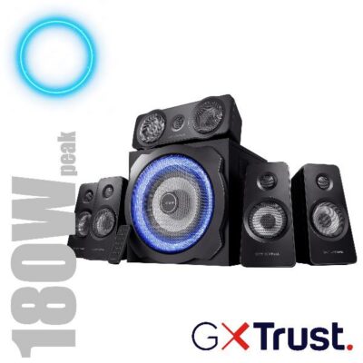 SET ALTOPARLANTI SPEAKERS 5.1 180W PICCO (90W RMS) – CON TELECOMANDO WIRELESS CON INGRESSO2.0 E 5.1 – SUB WOOFER LEGNO – TRUST GXT 658 TYTAN 5.1 – NERO