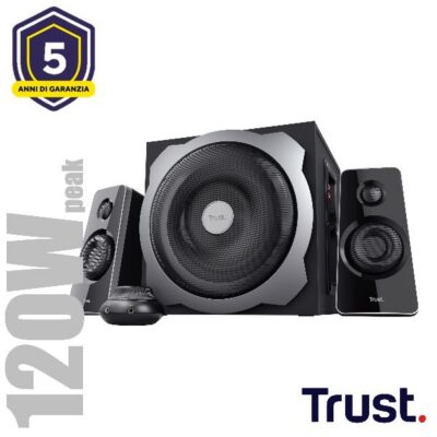 SET ALTOPARLANTI SPEAKERS 2.1 120W PICCO (60W RMS) – CON TELECOMANDO CON INGRESSO AUX + PRESA PER CUFFIE E SUB WOOFER LEGNO – TRUST TYTAN 2.1 – NERO