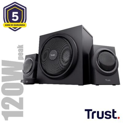 SET ALTOPARLANTI SPEAKERS 2.1 120W PICCO (60W RMS) – CON TELECOMANDO CON INGRESSO AUX + PRESA PER CUFFIE E SUB WOOFER LEGNO – TRUST YURI 2.1 – NERO