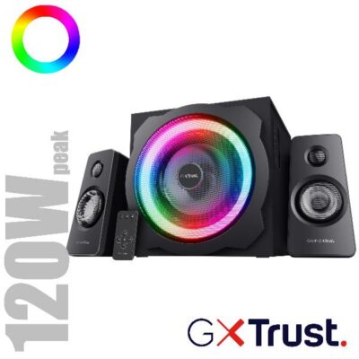 SET GAMING ALTOPARLANTI SPEAKERS 2.1 120W PICCO (60W RMS) ILLUMINATI LED RGB – CON TELECOMANDO WIRELESS E SUB WOOFER LEGNO – TRUST GXT629 TYTAN – NERO