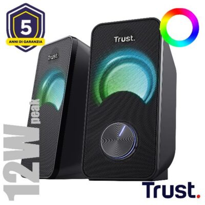 SET ALTOPARLANTI SPEAKERS 2.0 12W PICCO (6W RMS) ILLUMINATI LED RGB – TRUST ARYS – NERO