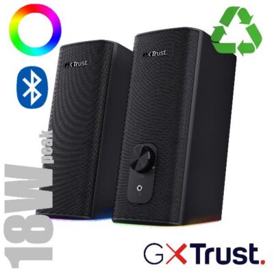 SET GAMING ALTOPARLANTI SPEAKERS 2.0 18W PICCO (9W RMS) MULTICONNECT JACK 3,5MM + BLUETOOTH ILLUMINATI LED RGB CON INGRESSO CUFFIA – PLASTICA RICICLATA 76% – TRUST GXT612 CETIC –