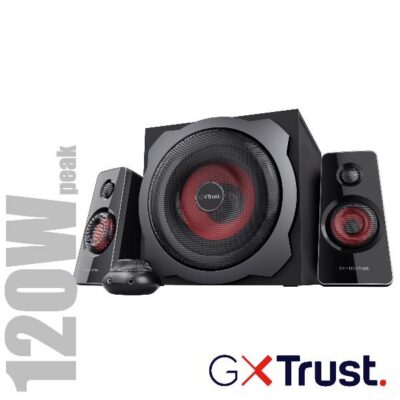 SET GAMING ALTOPARLANTI SPEAKERS 2.1 120W PICCO (60W RMS) – CON TELECOMANDO CON INGRESSO AUX + PRESA PER CUFFIE E SUB WOOFER LEGNO – TRUST GXT38 TYTAN 2.1 – NERO/ROSSO