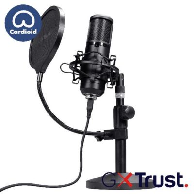 MICROFONO CARDIOIDE GAMING CABLATO USB 2,5M CON SUPPORTO PER STUDIO DI REGISTRAZIONE – TRUST GXT 269 EMITA II – NERO