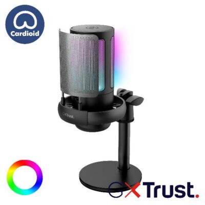 MICROFONO CARDIOIDE RGB GAMING CABLATO USB 1,8M CON SUPPORTO PER STREAMING – TRUST GXT 238 AURON – NERO