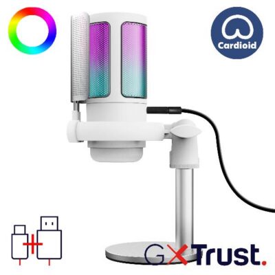 MICROFONO CARDIOIDE RGB GAMING CABLATO USB 1,8M CON SUPPORTO PER STREAMING – TRUST GXT 238W AURON – BIANCO