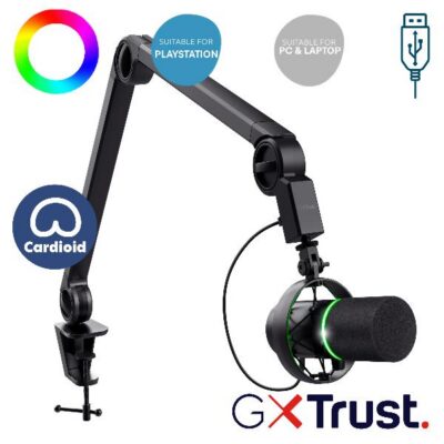 MICROFONO GAMING CABLATO USB 1,8M PROFESSIONALE ILLUMINATO CON BRACCIO, INGRESSO JACK 3,5MM PER STUDIO DI REGISTRAZIONE – TRUST GXT255+ ONYX – NERO