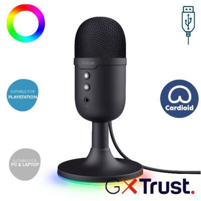 MICROFONO GAMING CABLATO USB 1,8M ILLUMINAZIONE RGB CON INGRESSO JACK 3,5MM – TRUST GXT234 YUNIX – NERO