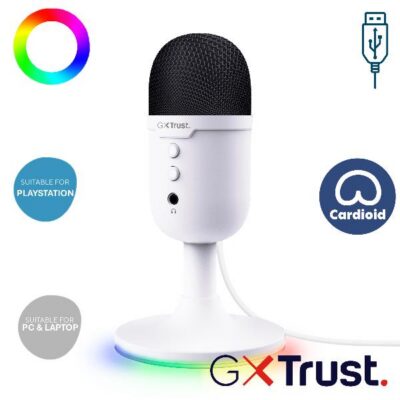 MICROFONO GAMING CABLATO USB 1,8M ILLUMINAZIONE RGB CON INGRESSO JACK 3,5MM – TRUST GXT234W YUNIX – BIANCO