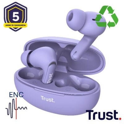 AURICOLARI BLUETOOTH EARBUDS CON RIDUZIONE DEL RUMORE ENC – PLASTICA RICICLATA 35% – TRUST YAVI VIOLA