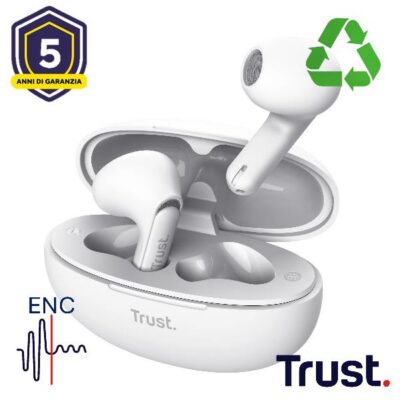 AURICOLARI BLUETOOTH EARPHONES CON RIDUZIONE DEL RUMORE ENC – PLASTICA RICICLATA 35% – TRUST YAVI BIANCO